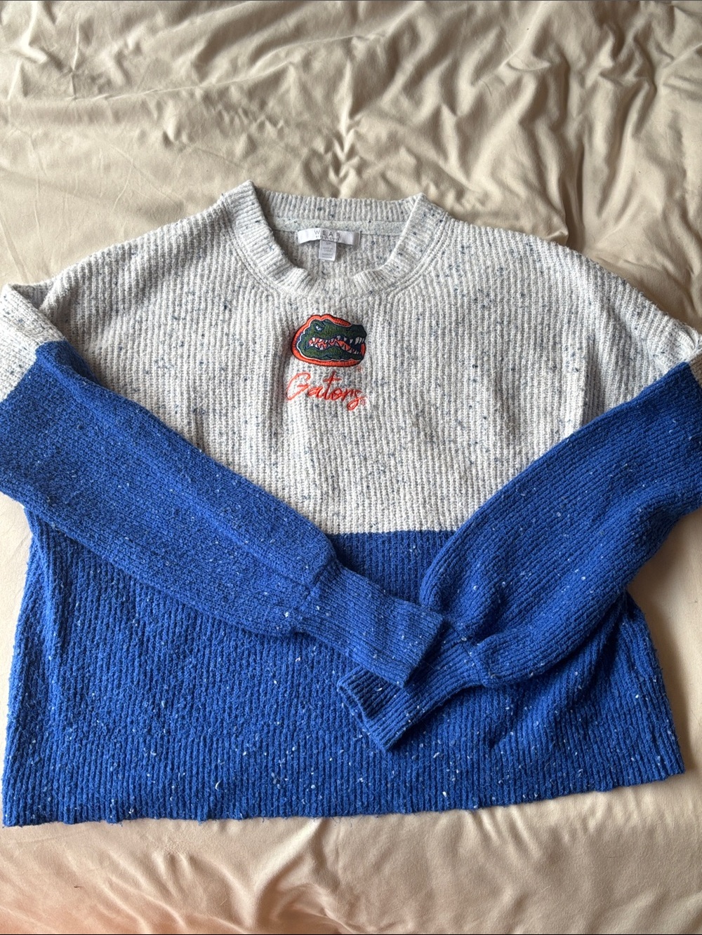 Colorblock Crewneck Sweater with Embroidered Gator Patch - Blue & cream